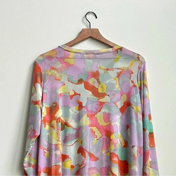 LOGO Layers Lori Goldstein Watercolor Printed Mesh Cardigan Aqua pastel tie dye - Picture 8 of 12